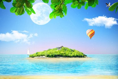 Okyanusun ortasında yeşil ağaçları olan bir ada. Gezegeni kurtar.