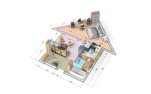 Mieszkanie Wnętrzem Formie Domu Bez Ścian Białym Tle Ilustracja — Zdjęcie stockowe