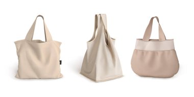 Bej renkli kumaş torbaları. Beyaz arkaplanda 3D vektör çizimi izole edildi. Yazdırma ve tasarım için modelle.