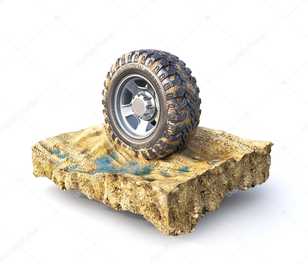Off road wheel on the piece of ground on a white background. 3d illustration