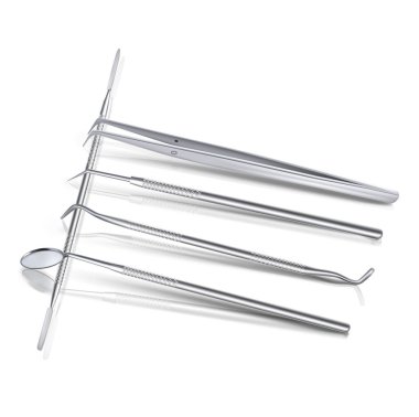 Beyaz yüzey üzerinde ayna görüntü vektör illüstrasyonlu dişçi araçları