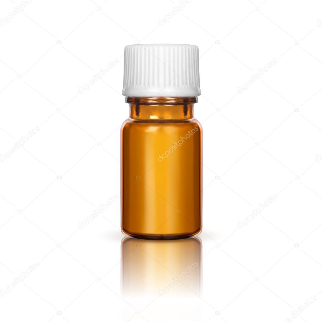 Mock up of medical glass brown bottle with white cap. Vector illustration isolated on a white background.