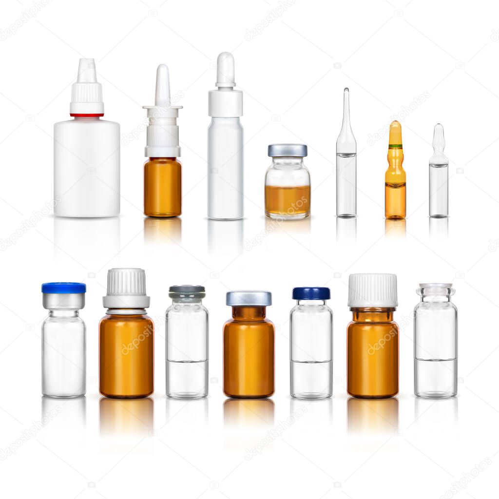 Ampoules and medical bottles set C on a white background