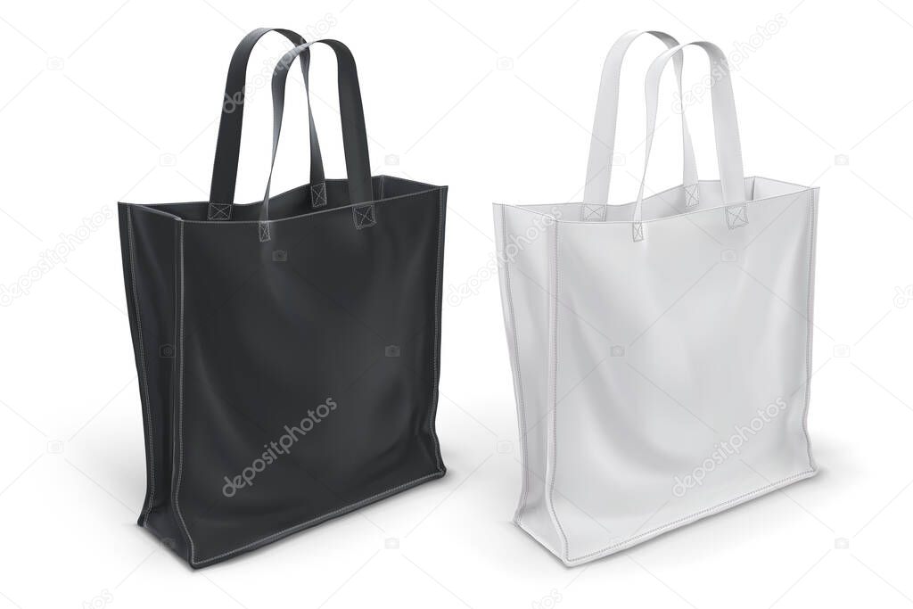 Set of black and white simple eco bags standing on the surface. Vector illustration isolated on a white transparent background. Mock up template for design.