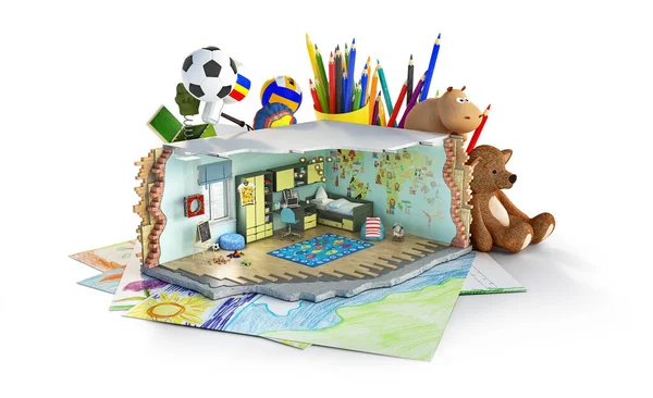 Ripped Out Interior Part Children Room Kids Pictures Front Toys — Stock Photo, Image