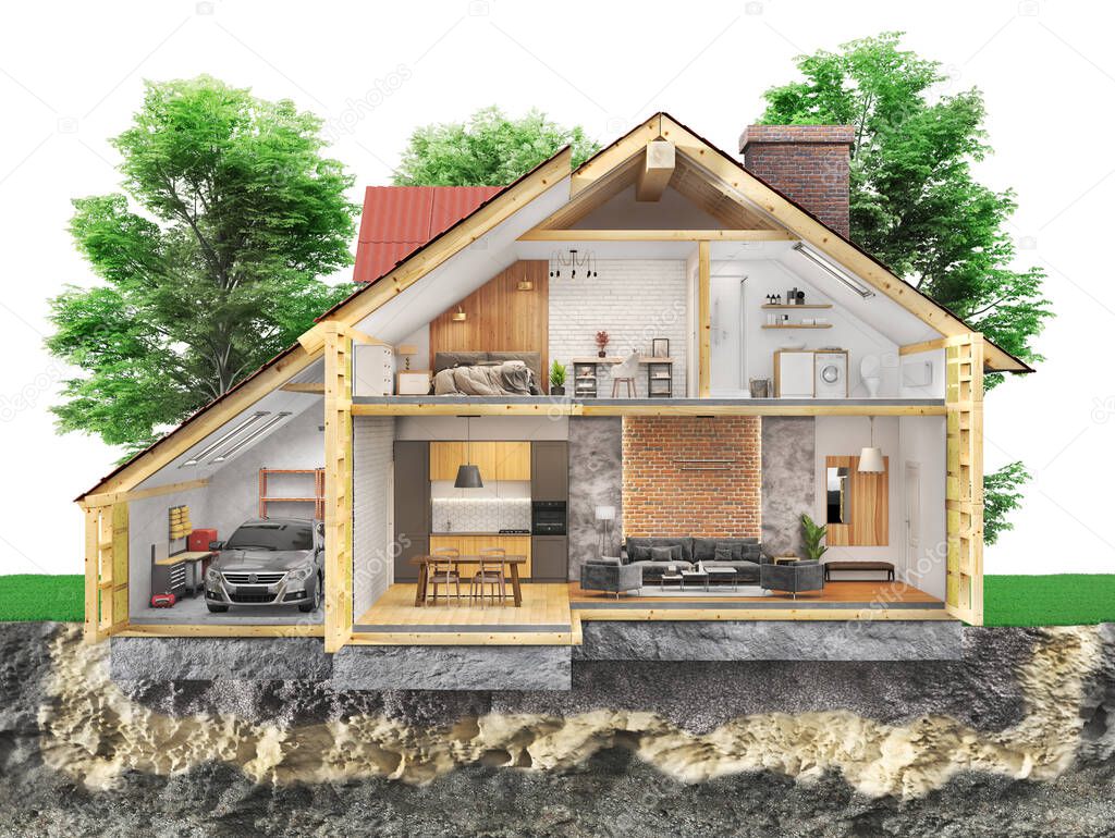 Sliced house  among a garden with many trees and internal content  in front view. 3d illustration 
