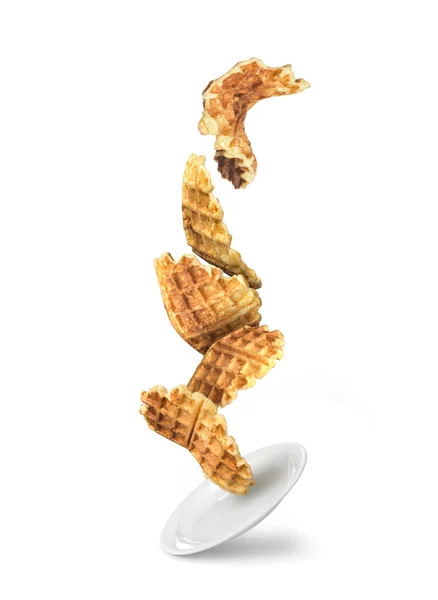 Zole Edilmiş Beyaz Tabakta Düşen Tatlı Waffle Seti — Stok fotoğraf