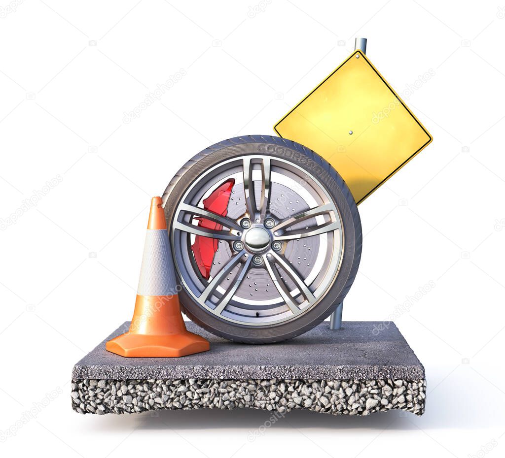 Wheel on the piece of asphalt road. 3d illustration