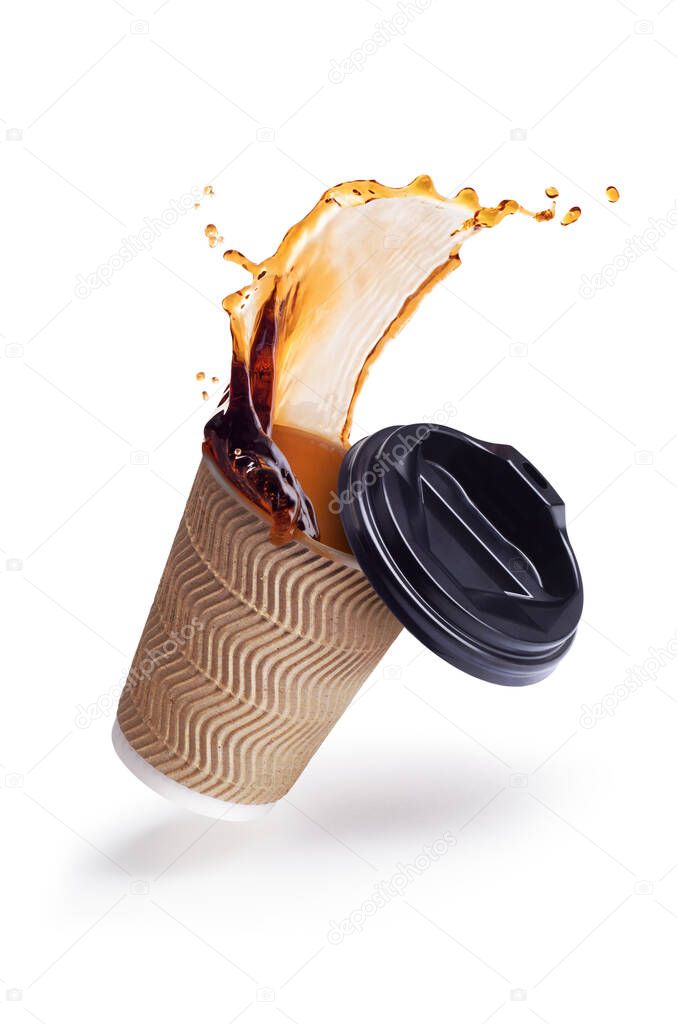 splash of coffee in a paper cup on a white background