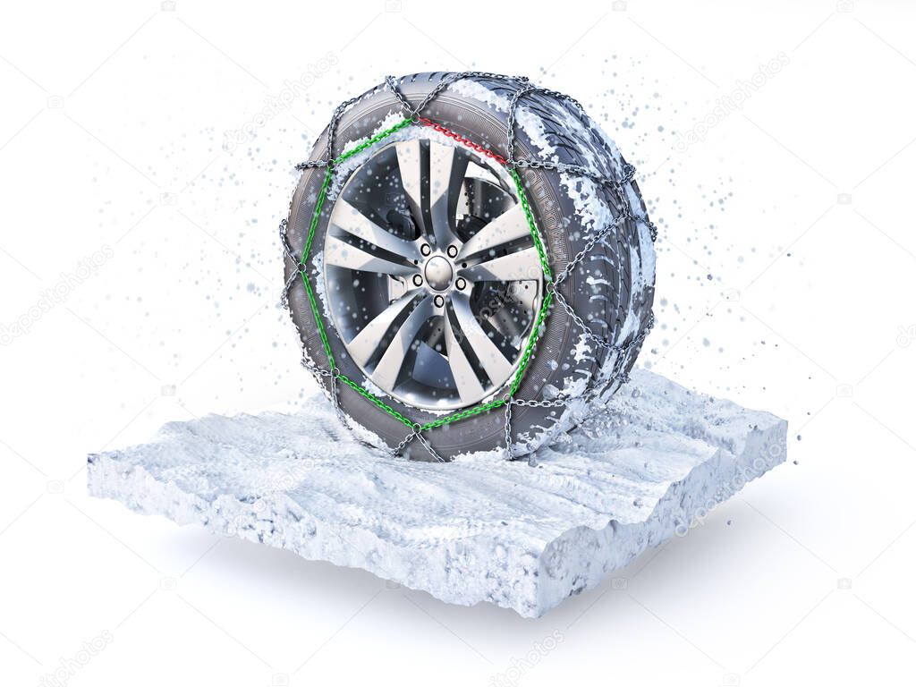 Winter wheel on the piece of snowy ground. 3d illustration