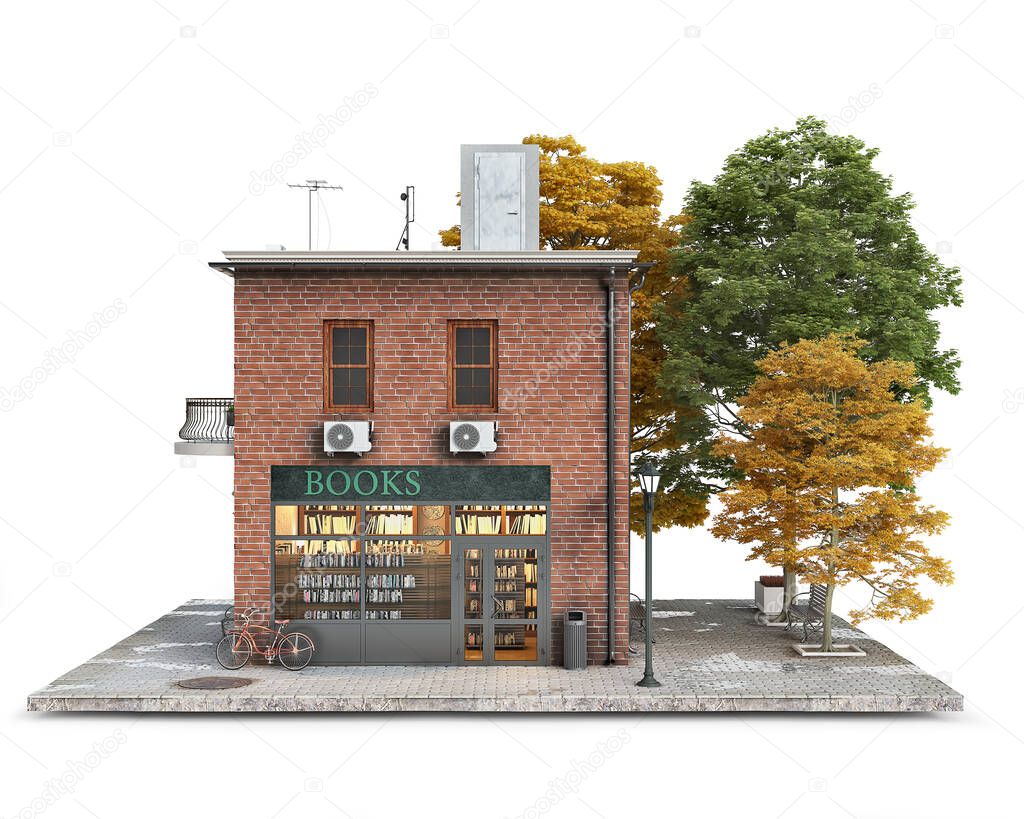 Small red brick building with book store on a first floor and alley near it, 3d illustration