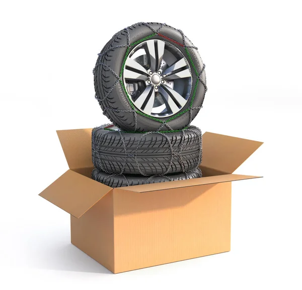 白い背景の段ボール箱に冬用タイヤのスタック 3Dイラスト — ストック写真