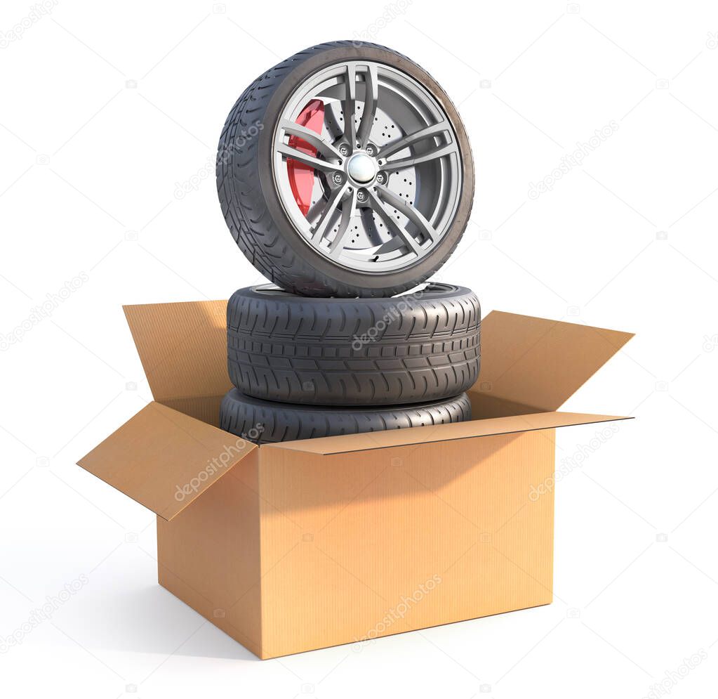 Stack of summer tires in the cardboard box on a white background. 3d illustration