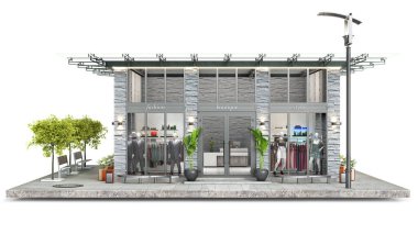 Bir parça zemindeki modern bir butiğin ön görüntüsü, 3D illüstrasyon