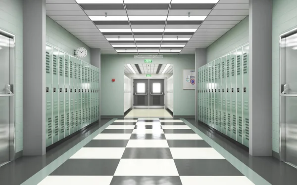浅绿色储物柜的学校走廊 3D插图 — 图库照片