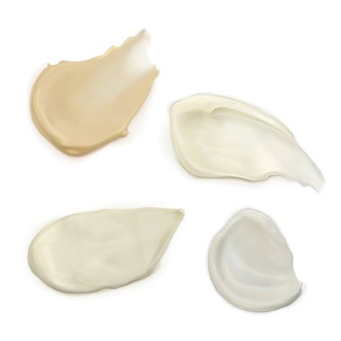 Farklı kozmetik ürünleri, krema, beyaz çikolata. Tatlı, kozmetik, dekor. Beyaz arkaplanda izole edilmiş vektör 3d gerçekçi illüstrasyon.