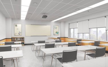 Beyaz zeminli modern sınıf. Lisede. 3d illüstrasyon