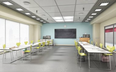Beton zemini olan modern bir sınıf. Lisede. 3d illüstrasyon