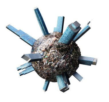 Kirlilik konsepti. Gökdelenleri beyaz arka planda izole edilmiş çöplerle dolu bir gezegen..