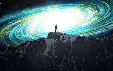 Silhouette of a man on a mountain against the background of a new galaxy clipart