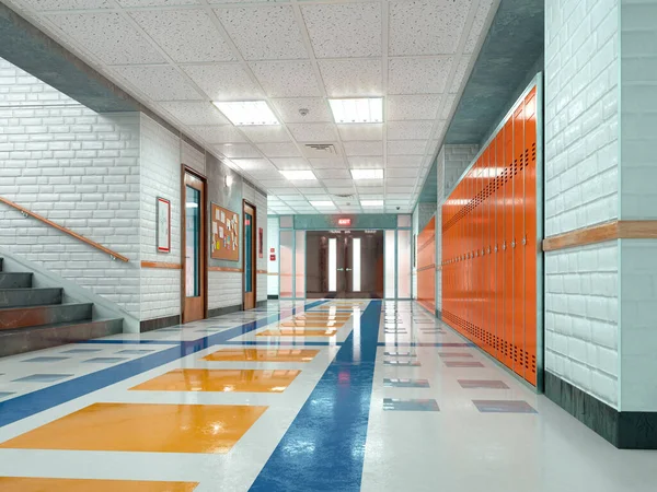 有储物柜的学校走廊3D说明 — 图库照片