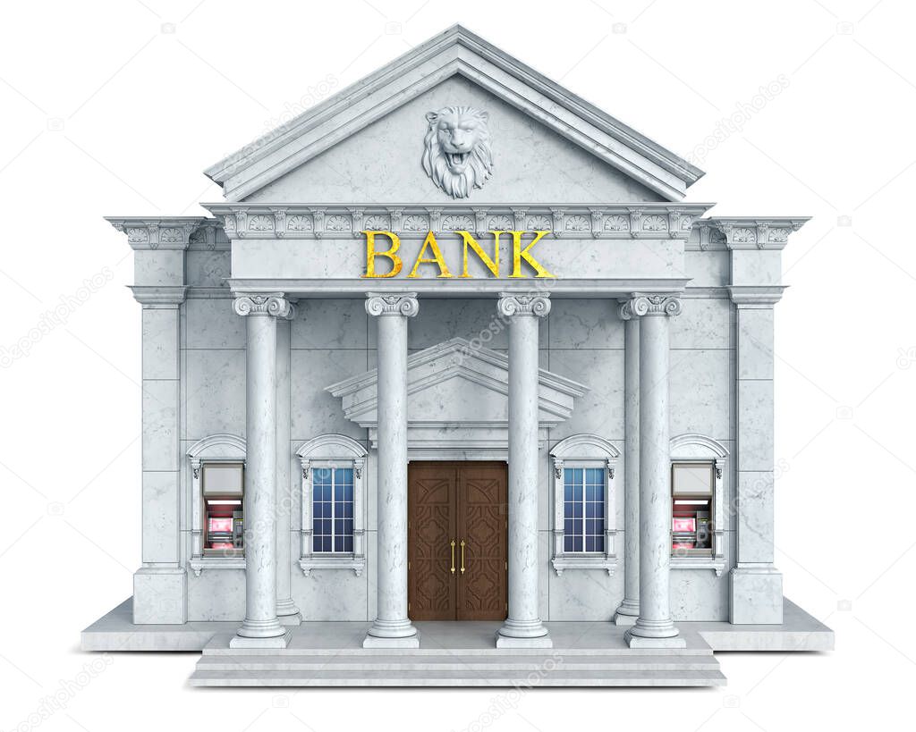 Front view of classical bank building on white background, 3d illustration