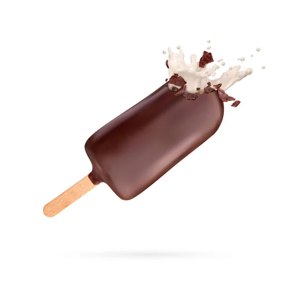 チョコレートアイスクリームにミルクスプラッシュ ベクターイラスト — ストックベクタ