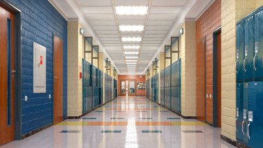 Okul koridorunda dolaplar var. 3d illüstrasyon