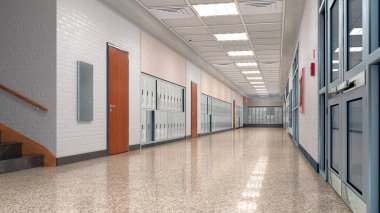 Okul koridorunda dolaplar var. 3d illüstrasyon