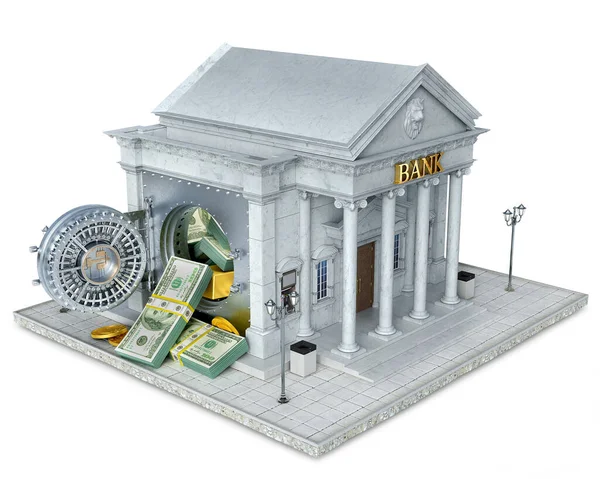 Begreppet Bankbyggnad Med Öppen Valv Dörr Och Överfyllda Valv Illustration — Stockfoto