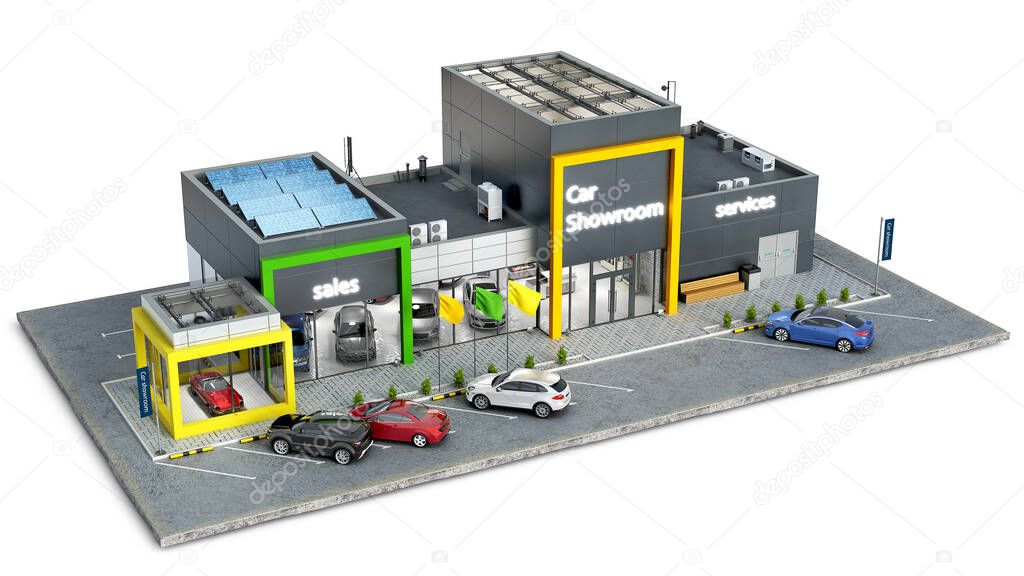 Modern bright and colorful car showroom on a piece of ground, 3d illustration