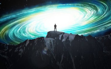 Human silhouette on a mountain against the background of a new galaxy clipart