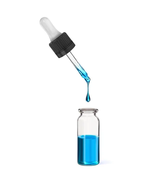 ピペットからの青い薬は瓶に落ちる 3Dベクトル図 — ストックベクタ