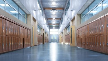 Çıkış kapısı olan okul koridoru. 3d illüstrasyon