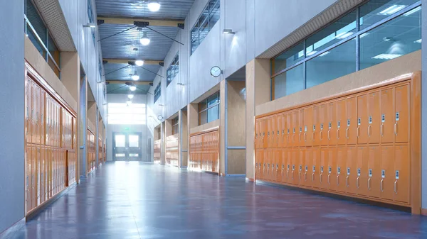 Çıkış kapısı olan okul koridoru. 3d illüstrasyon