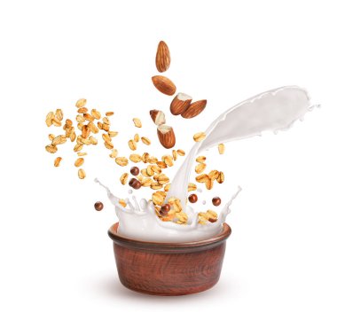 Beyaz arka planda fındıklı ve sütlü yulaf ezmesi