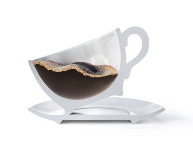 Yarım fincan kahve. Kahveyle dikey kesim. 3d illüstrasyon