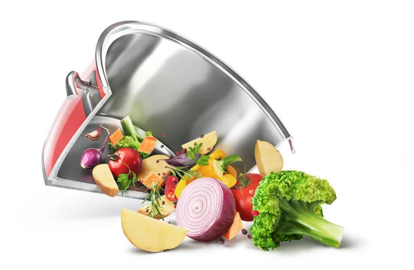 Matlagningskoncept Grönsaker Faller Från Skuren Kastrull Illustration — Stockfoto