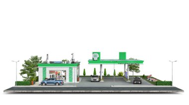 Benzin istasyonu ve çevresindeki bir yerin ön görüntüsü, 3D illüstrasyon.