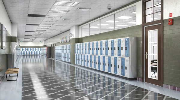 Corredor Escola Longa Com Armários Azuis Brancos Ilustração — Fotografia de Stock