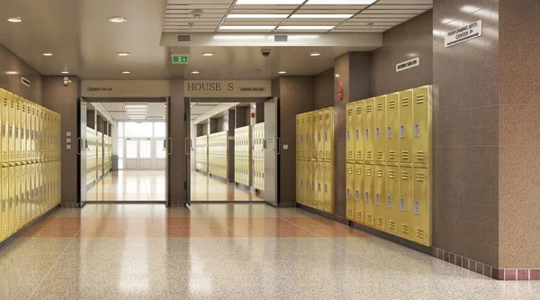 Long Couloir Scolaire Avec Casiers Jaunes Illustration — Photo