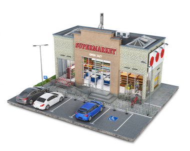 Bir parça zemin üzerinde süpermarket binası, 3 boyutlu illüstrasyon