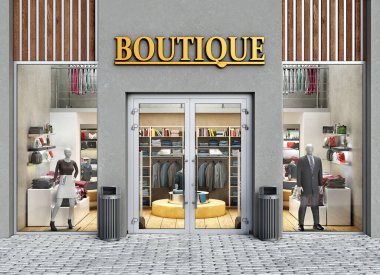 Beton ve ahşaptan yapılmış modern butik cephe büyük bir vitrin, 3 boyutlu illüstrasyon.