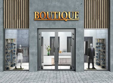 Beton ve ahşaptan yapılmış modern butik cephe, 3 boyutlu illüstrasyon.