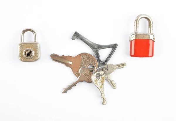 Small Padlocks Bunch Keys White Background — Stock Photo, Image