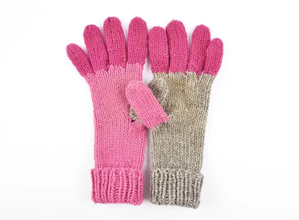 Old Self Knitted Knitted Gloves White Background — Stock Photo, Image