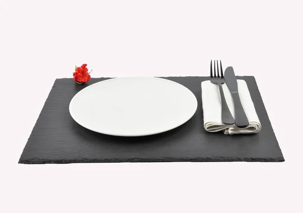 Red Rose Table Setting Slate Isolated — Stock Photo, Image