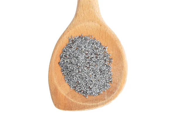 Poppy seeds on wooden spoon and white background — Stock Photo, Image