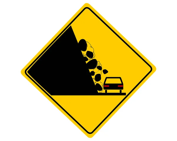 Verkeersbord met auto en vallende rotsen — Stockvector