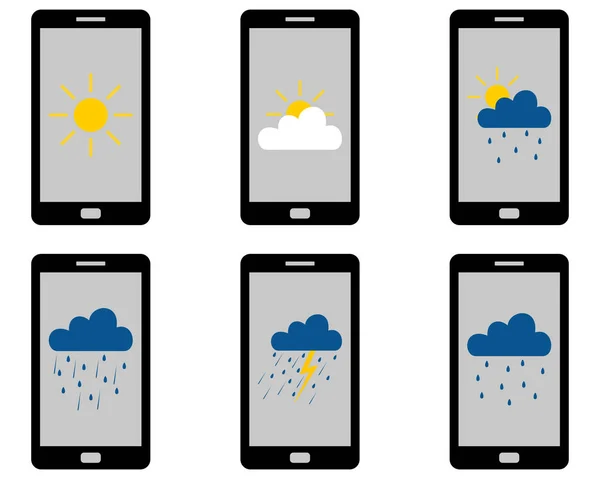 Varios símbolos meteorológicos en Smartphone — Vector de stock